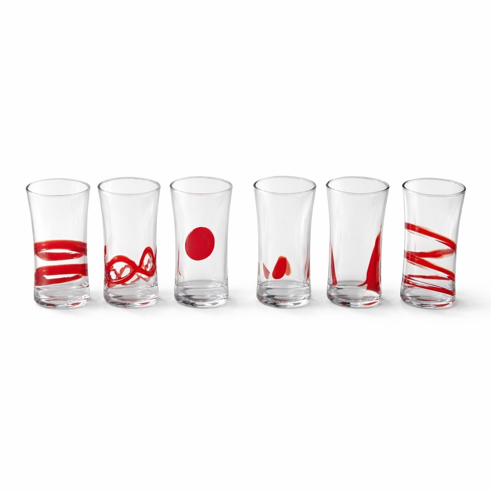 Pier 1 Imports Shot Glass Set Red Art Glass Tray Modern Bar Barware 7pc - Picture 2 of 10